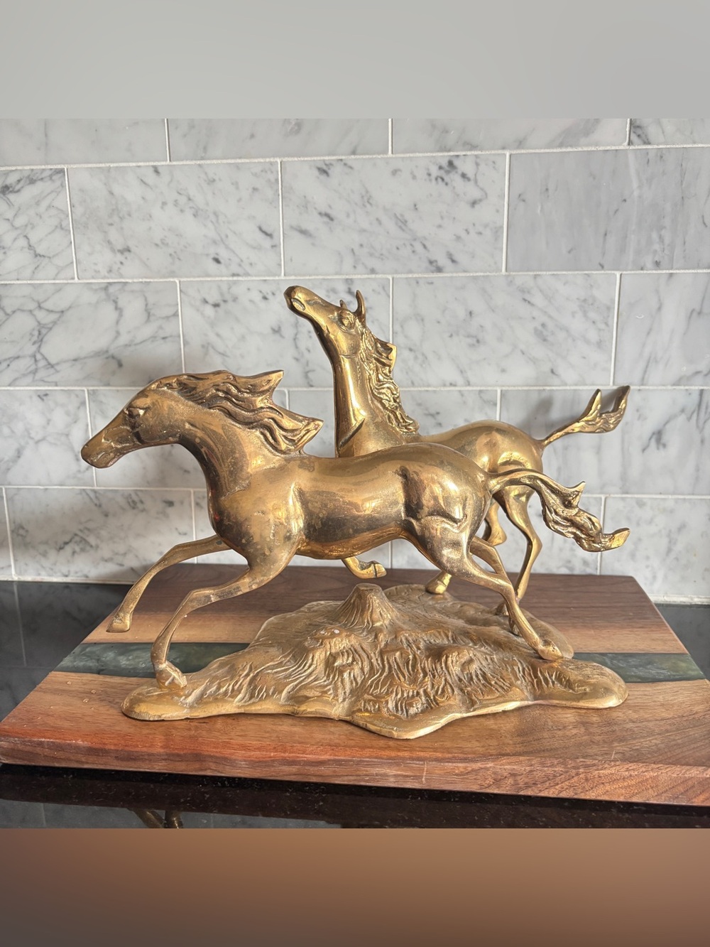 Vintage Mid Century 14” Brass Two Wild Horses Running Figurine Statue
